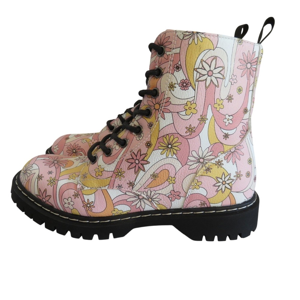 Unionbay Ginny Pink Retro Floral Combat Boots Womens 8M Psychedelic Lug Sole Zip - Picture 3 of 8